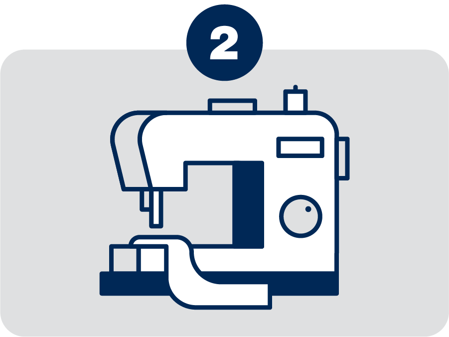 Icon of a sewing machine with a number 2 above it on a gray background.