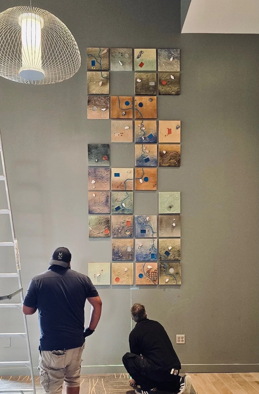   The River Is Life- Installation View   2025, 130"H x 52"W x 4"D
Stoneware, resin, stone shards, metal wall mounts
Commissioned by The Limelight Hotel, Boulder, CO