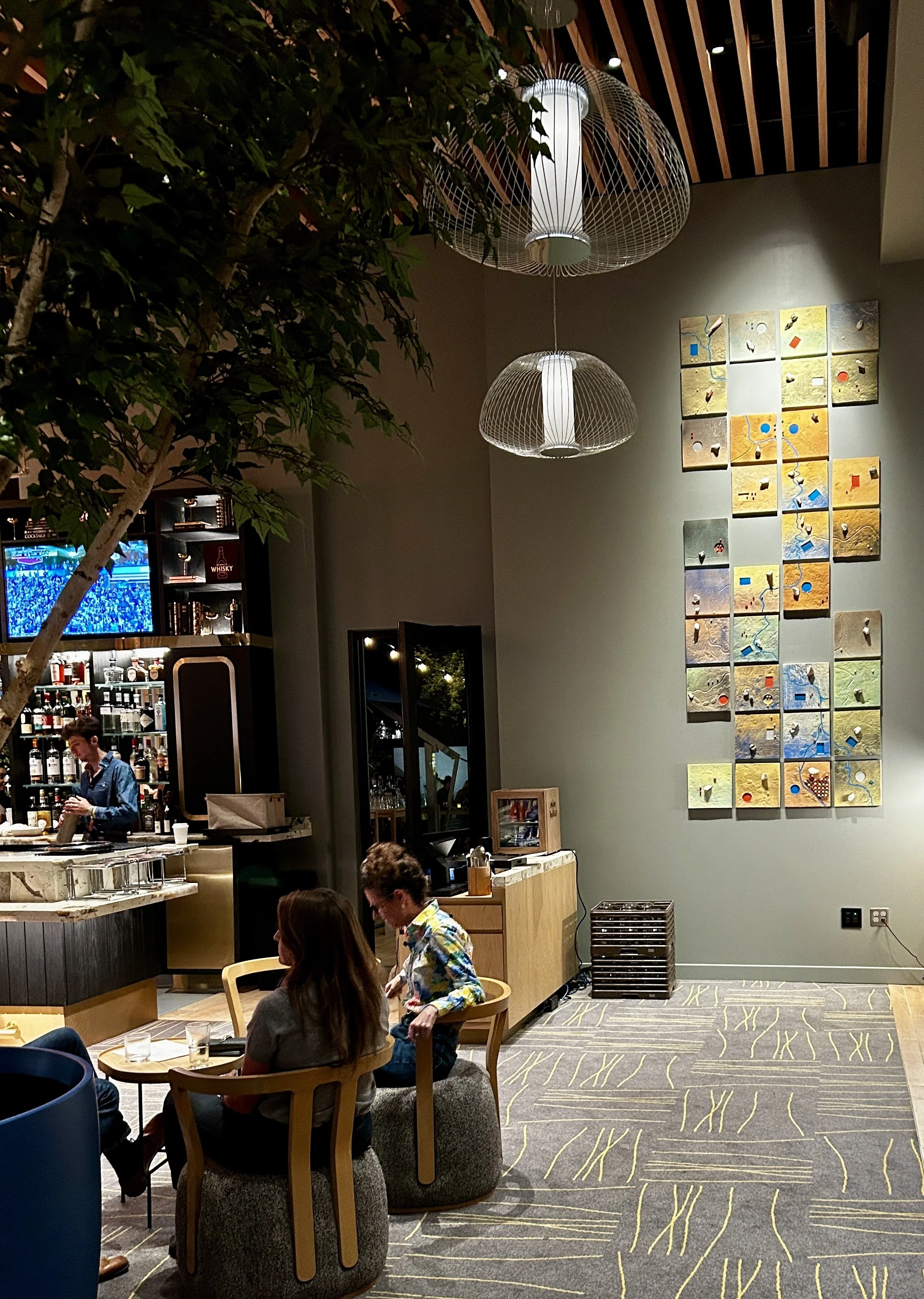   The River Is Life- ROOM View   2025, 130"H x 52"W x 4"D
Stoneware, resin, stone shards, metal wall mounts
Commissioned by The Limelight Hotel, Boulder, CO