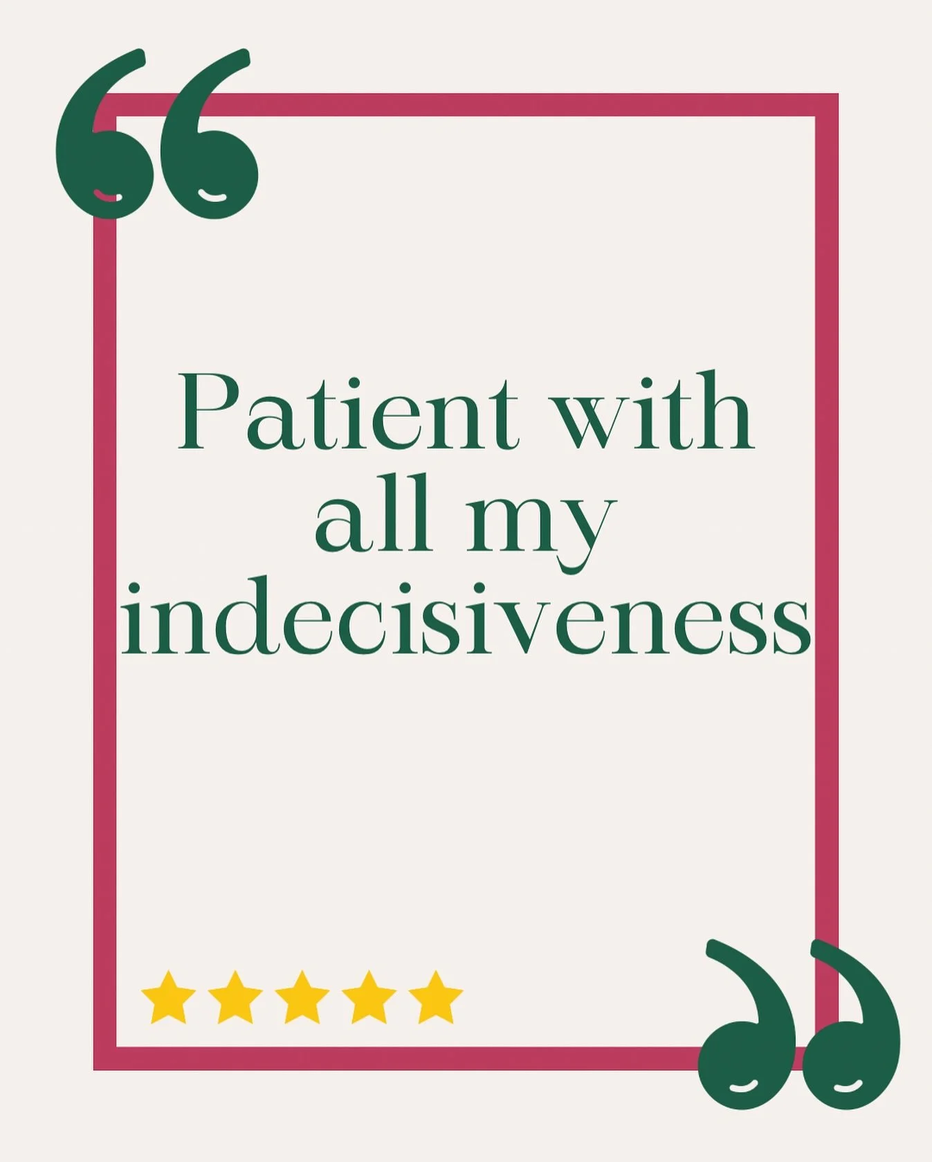 ✨ My Couples&rsquo; Kind Words ✨

&ldquo;Patient with all my indecisiveness&rdquo; 🤭
Don&rsquo;t worry if you&rsquo;re unsure or can&rsquo;t decide &mdash; it&rsquo;s my job to help guide you through and make something beautiful out of the &ldquo;I 