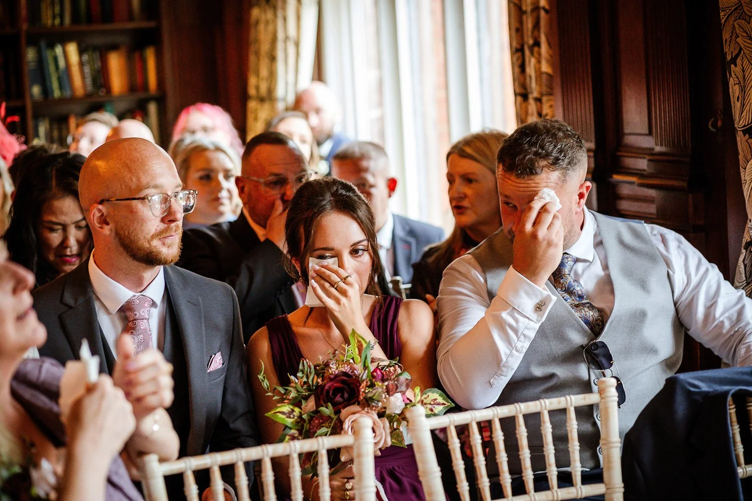 Bold navy and wine coloured artificial wedding flowers designed for Oakfield.