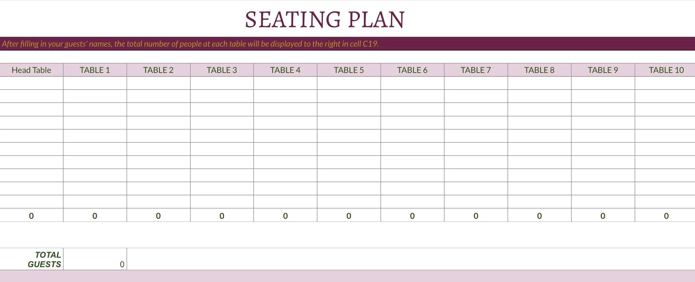 Seating plan chart with columns for Head Table and ten guest tables, and rows for guest names. The chart includes a total guest count at the bottom.
