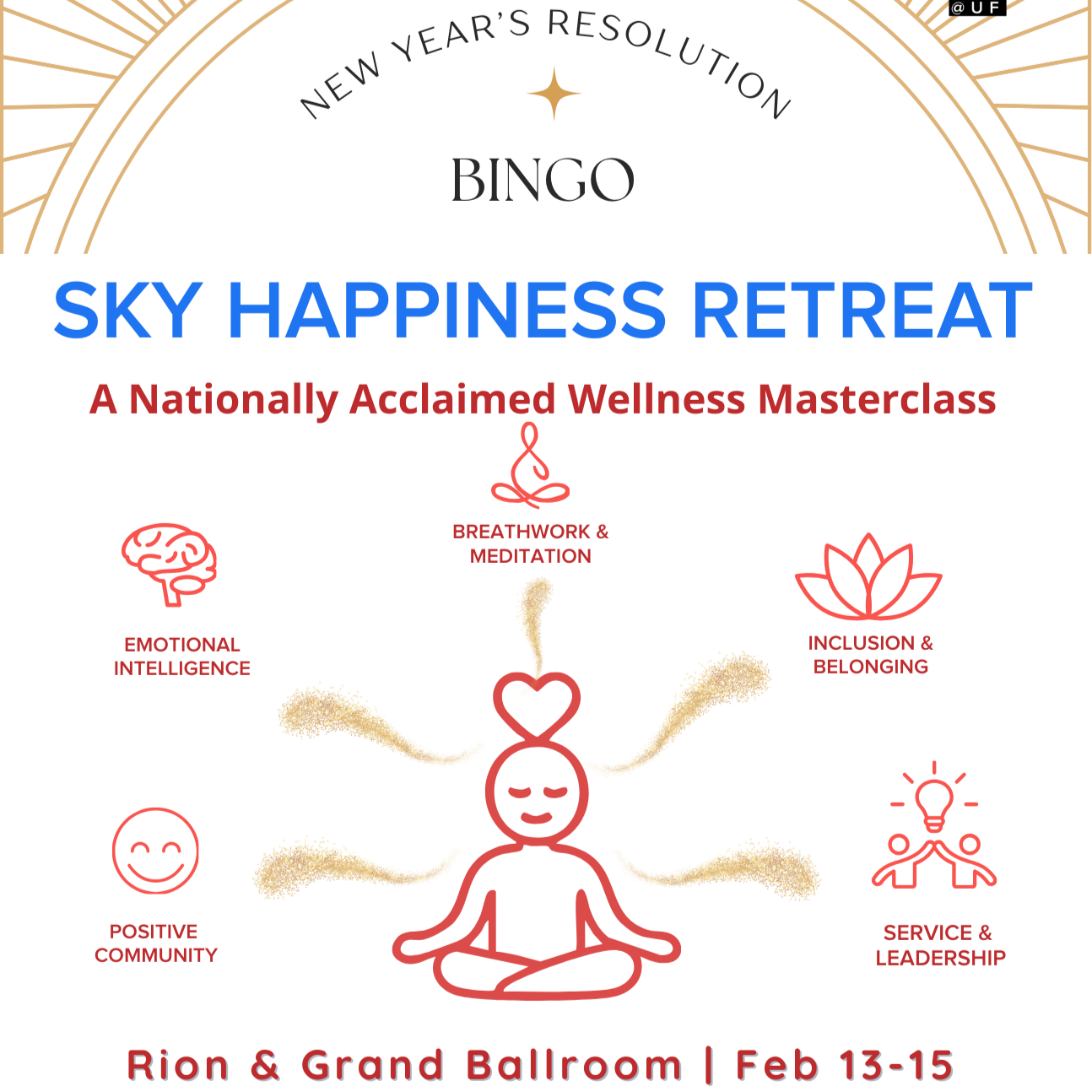 Event poster for Sky Happiness Retreat, a wellness masterclass, held at Rion & Grand Ballroom from February 13-15. Features a meditative figure with icons representing emotional intelligence, positive community, breathwork and meditation, inclusion and belonging, service and leadership.