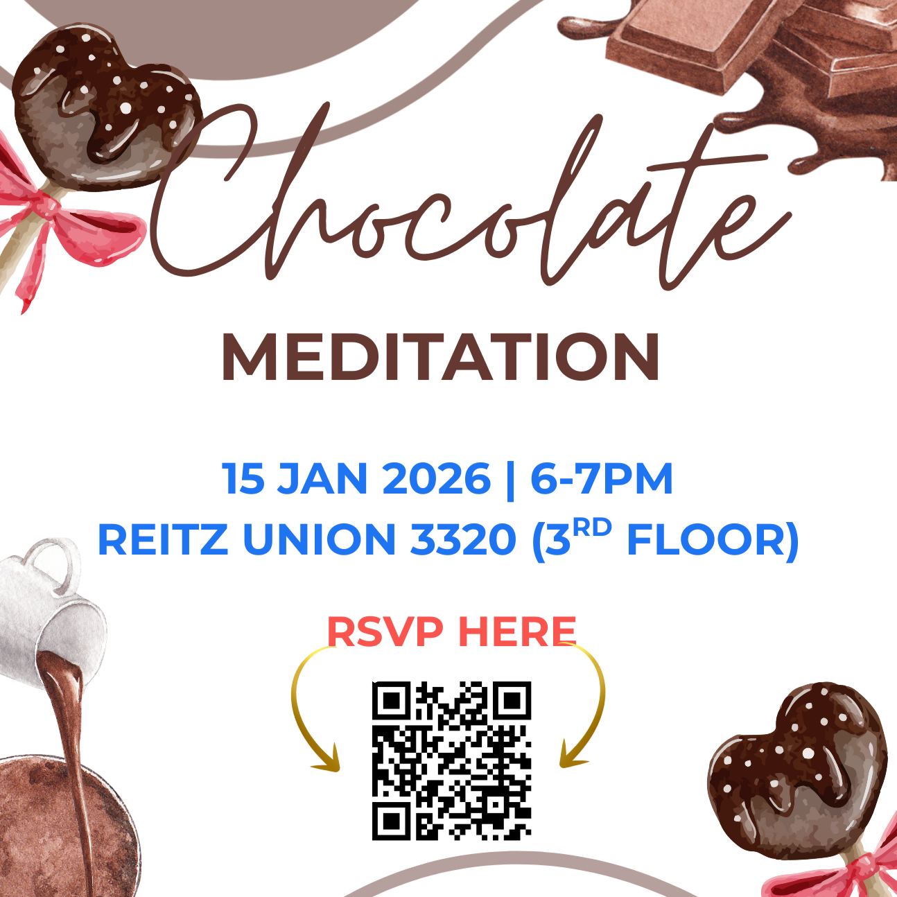 A digital flyer for a chocolate meditation event with illustrations of chocolates and desserts, including chocolate bars and chocolate-dipped treats, with event details and a QR code for RSVP.