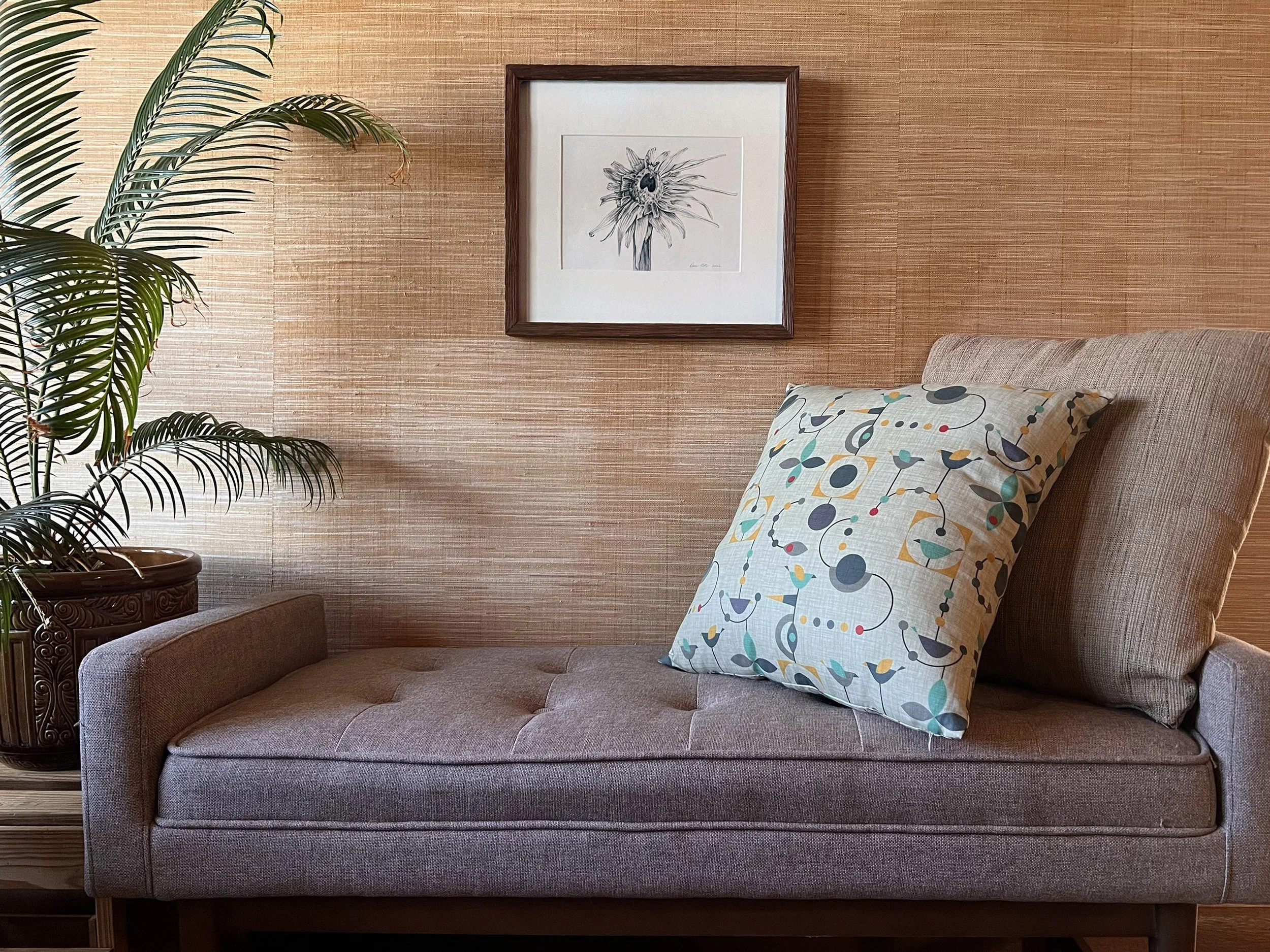 Framed original pencil drawing of a sunflower seed head