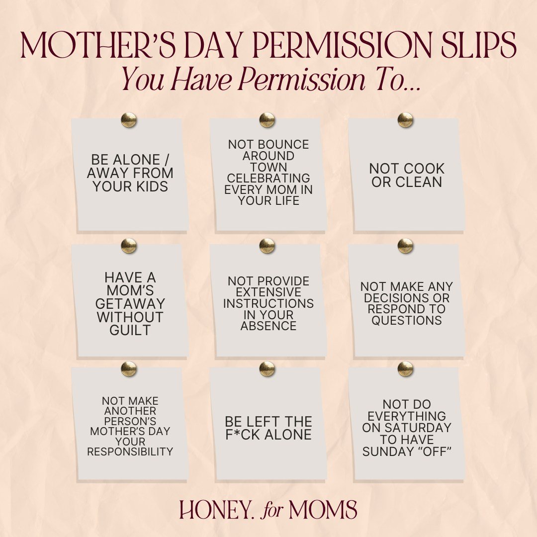 We're kicking off &quot;Mother's Day Week&quot; with our version of Permission Slips for Moms.⁠
⁠
Take as MANY as you need, and share them with friends 🫶🏽⁠
⁠
What would YOU add to our list? Spam us in the comments! ⁠
⁠
PS: SHARE this post if you ag
