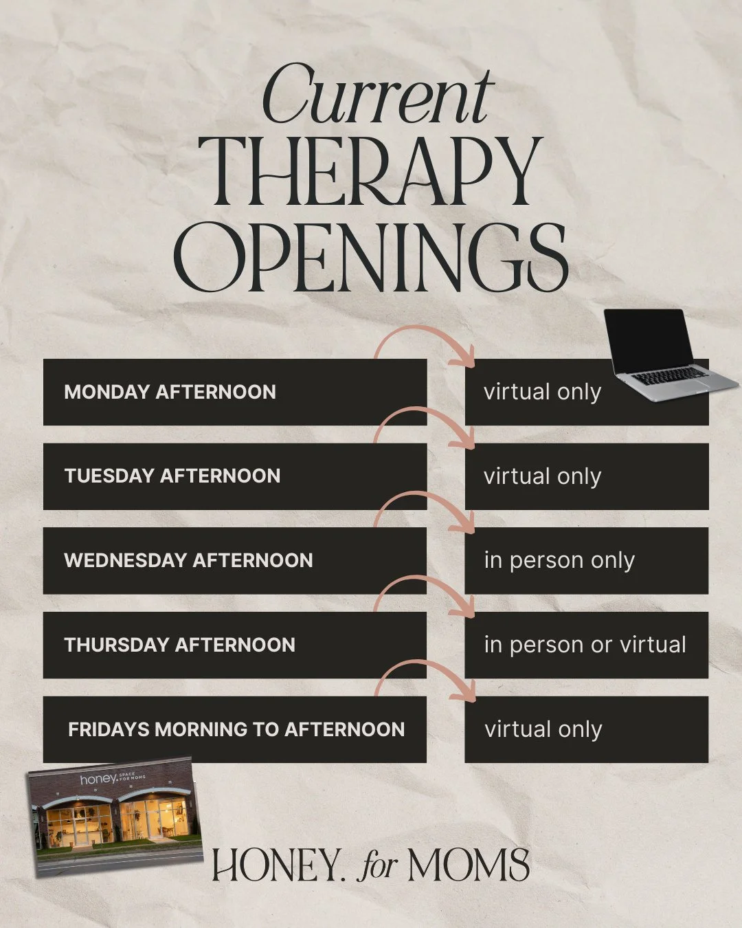 Now Booking ⬆️⁠
⁠
We've got several spots for both in-person and virtual therapy throughout the week! Send us a DM or visit the 🔗 in our bio to request your appointment!⁠
⁠
⁠
⁠
⁠
⁠
⁠
⁠
⁠
⁠
⁠
⁠
#michigantherapist #detroittherapist #therapistnearme #o