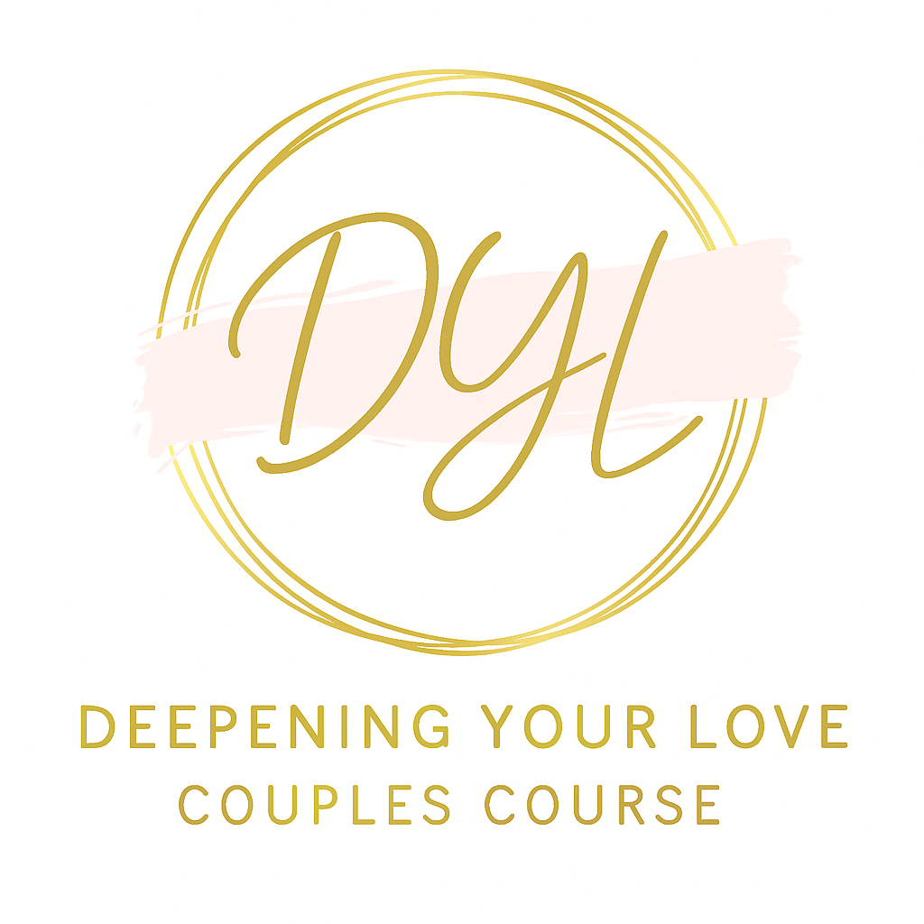 A logo with the word "DYL" in gold cursive text in the center, surrounded by a gold circular outline. Below, it says "Deepening Your Love Couples Course" in gold capital letters.