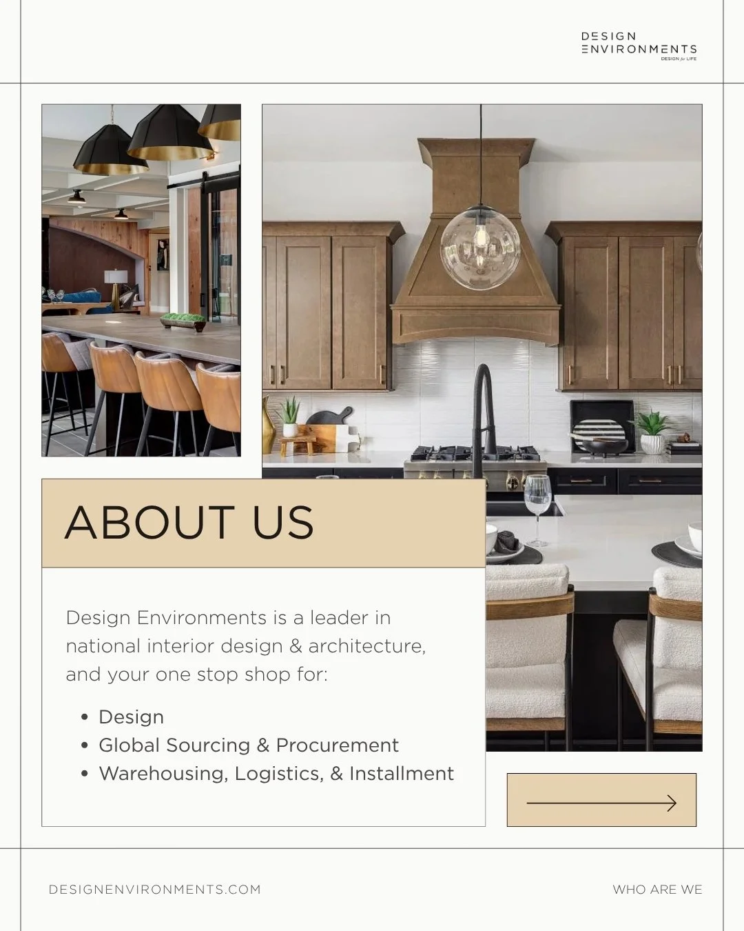 At Design Environments, our mission is simple: create inspiring spaces and deliver a worry-free experience for every client.

How do we do it? By supporting projects at every stage.

Design shapes the vision. Global sourcing &amp; procurement bring t