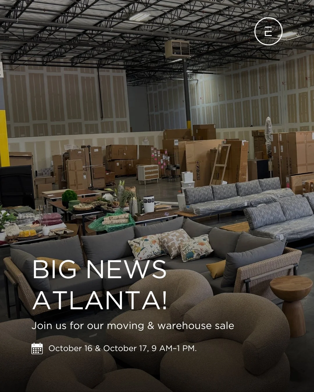 Hey Atlanta...BIG NEWS!

Our Atlanta office is moving.

Join Design Environments for a Moving &amp; Warehouse Sale on Friday, October 16 and Saturday, October 17 from 9 AM&ndash;1 PM.

We&rsquo;ll have home and office furnishings, art, and accessorie