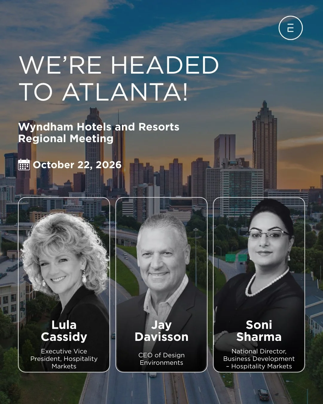 Next stop: Atlanta!

Soni, Jay, and Lula are heading to the Wyndham Hotels and Resorts Regional Meeting on October 22.

We&rsquo;re excited to help elevate Wyndham guest experience and achieve your goals through design and procurement.

If you&rsquo;