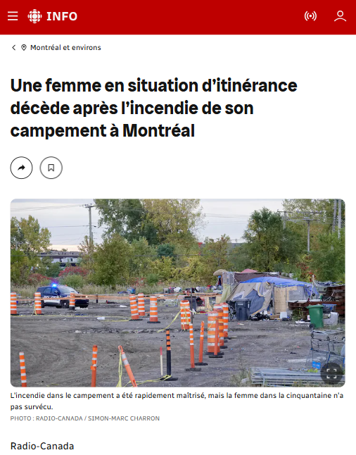 “Une femme en situation d’itinérance décède après l’incendie de son campement à Montréal” - Radio-Canada