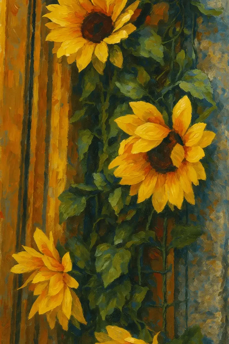 A painting of bright yellow sunflowers with green leaves against a warm, textured background.