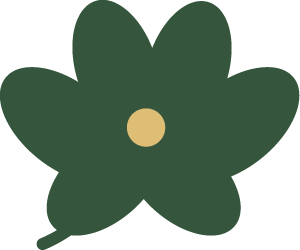 A simple, stylized dark green flower with five petals and a yellow center.
