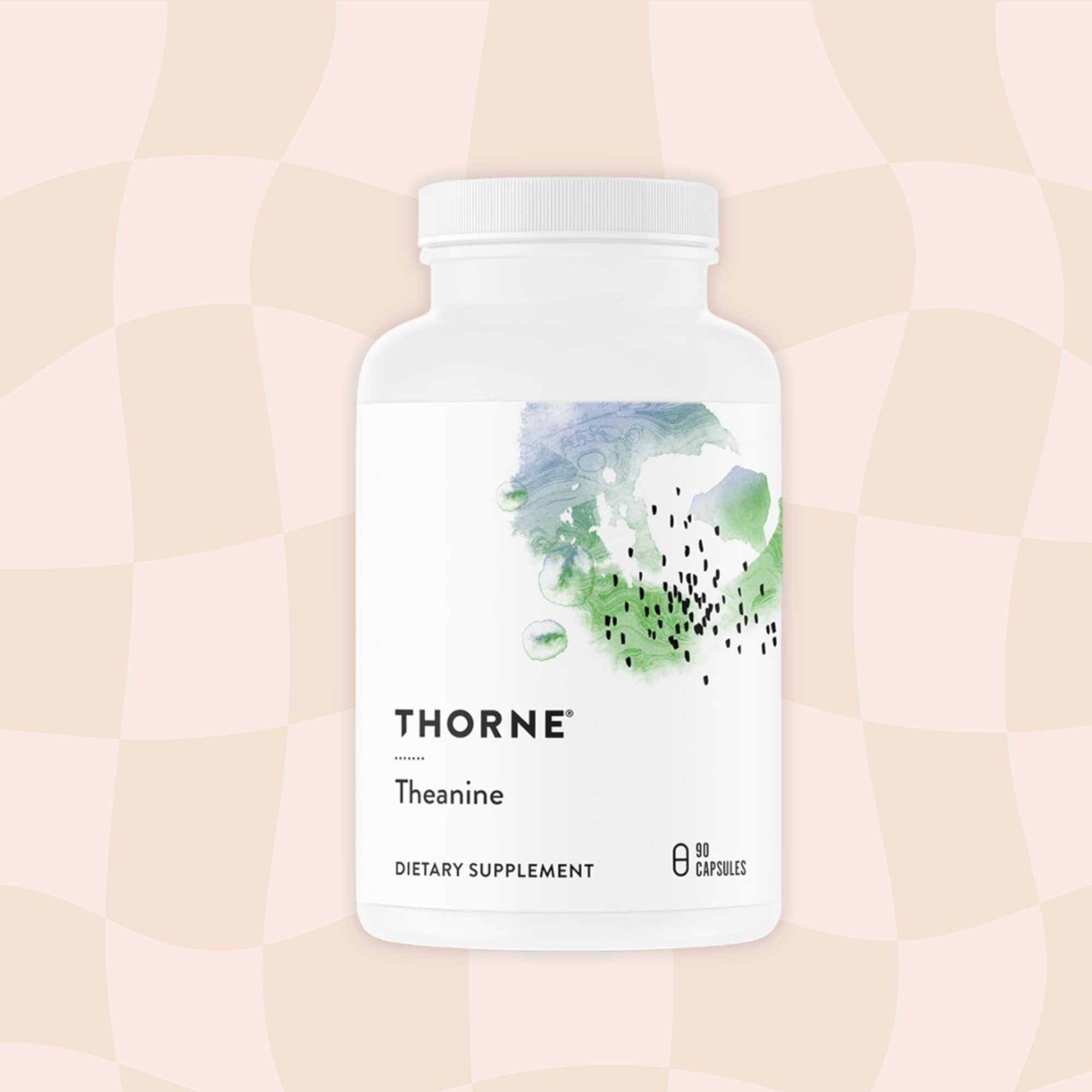Bottle of Thorne Theanine dietary supplement capsules on a light patterned background.