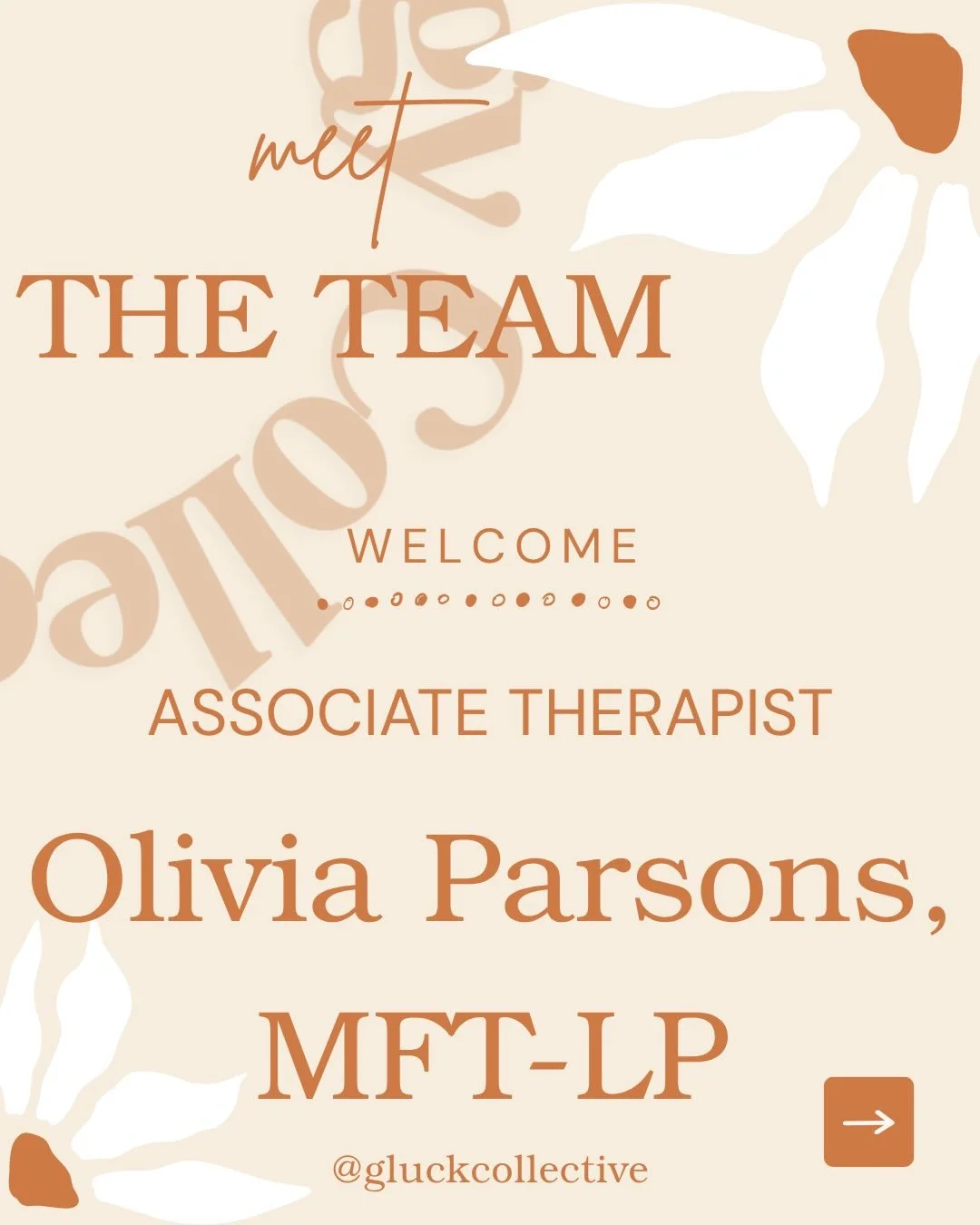 ✨ Meet Olivia Parsons, MFT-LP ✨

Couples &amp; Individual Therapist at Gluck Psychology Collective

We&rsquo;re so excited to introduce Olivia Parsons, MFT-LP, who specializes in couples therapy and individual therapy here in NYC.

Olivia works with 