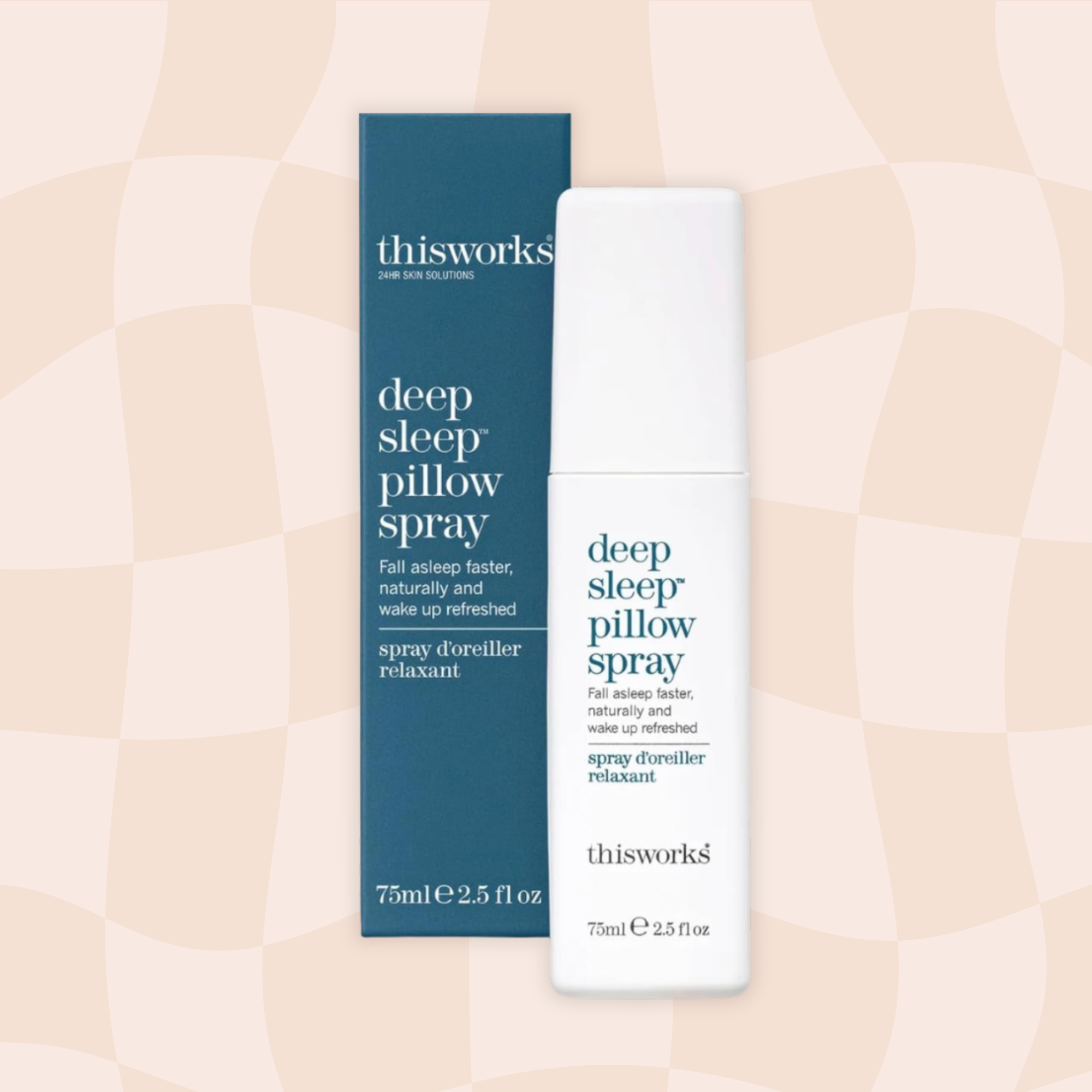 A box and a bottle of thisworks deep sleep pillow spray, with the box being blue and the bottle white, set against a light, patterned background.