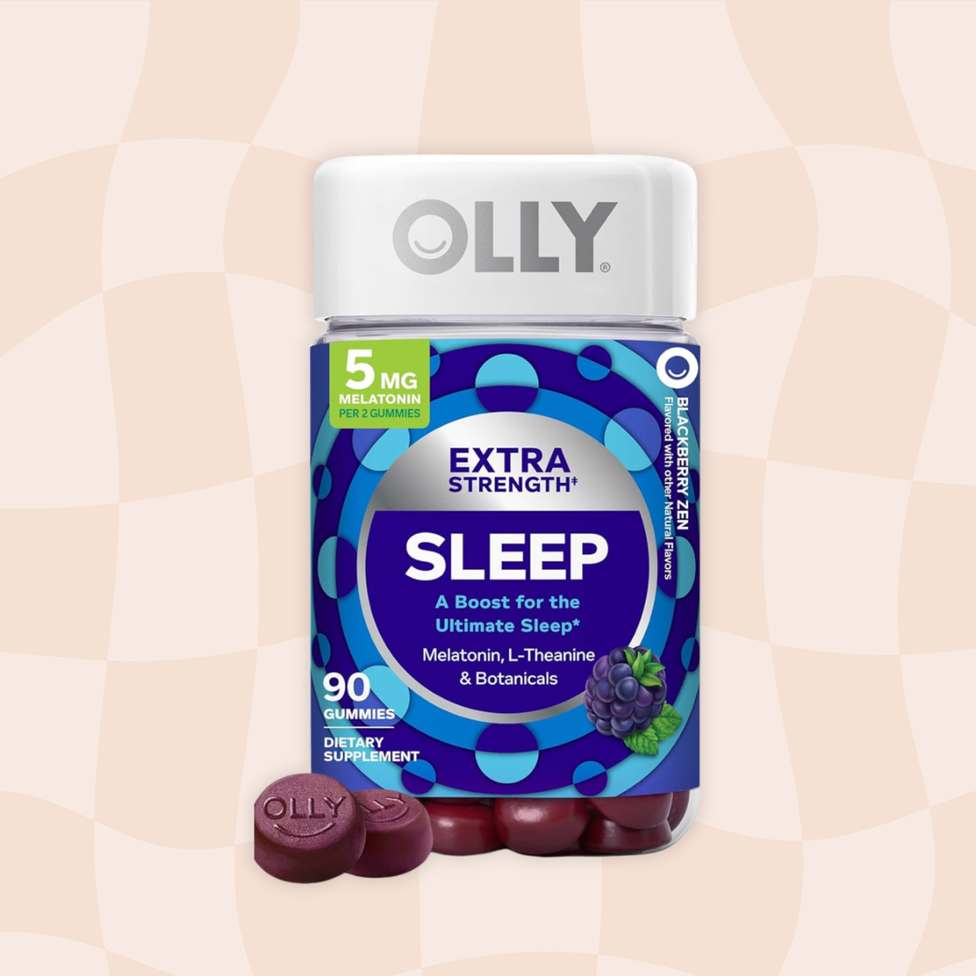 A bottle of Olly Sleep dietary supplement gummies, with purple sleep-themed gummies visible at the bottom of the bottle.
