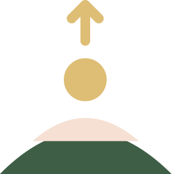 An abstract illustration of a person jumping or reaching upward with an arrow pointing up, a circle above them, and a curved shape at the bottom.