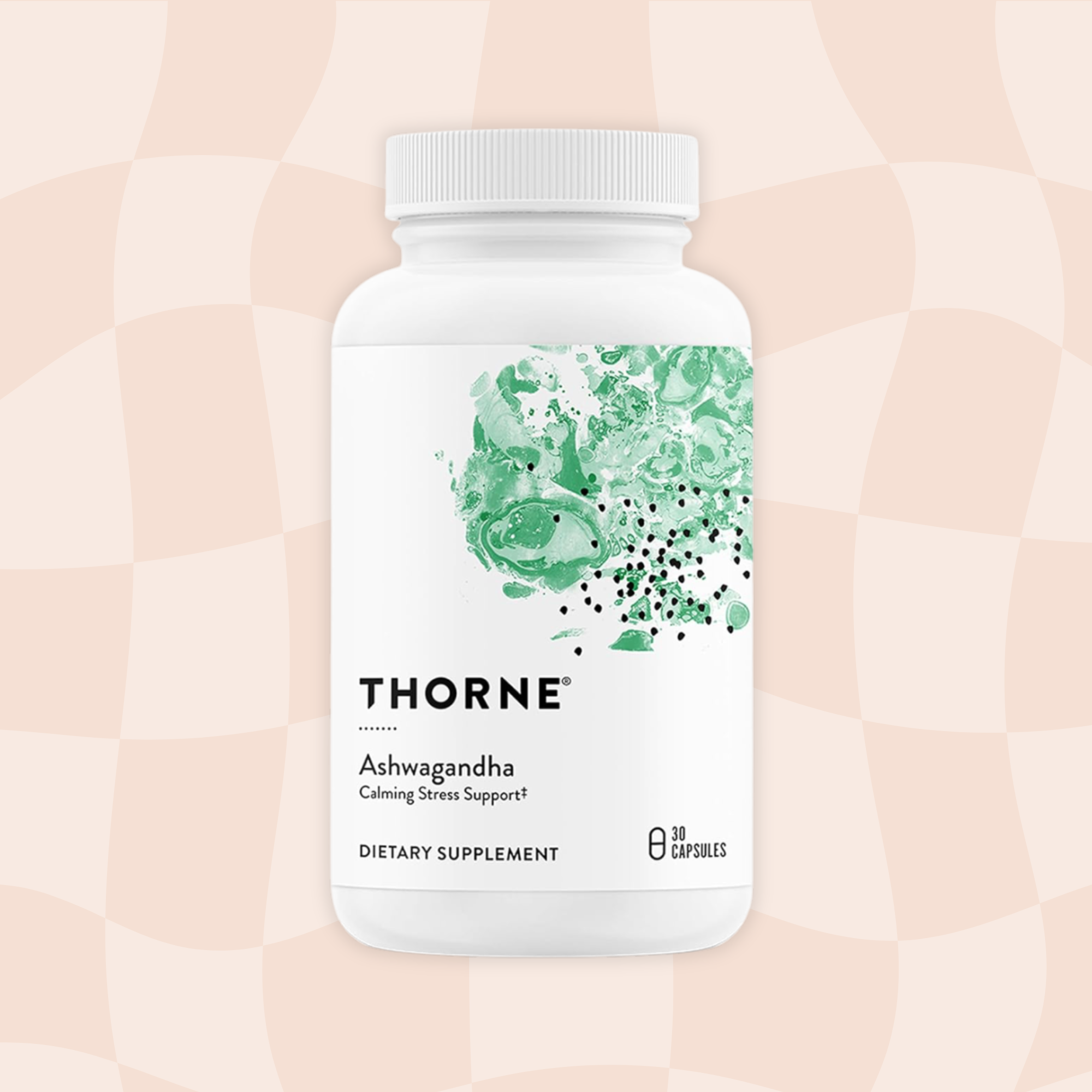 A white bottle of Thorne Ashwagandha dietary supplement with green and black abstract design on the label, set against a pinkish-beige background.