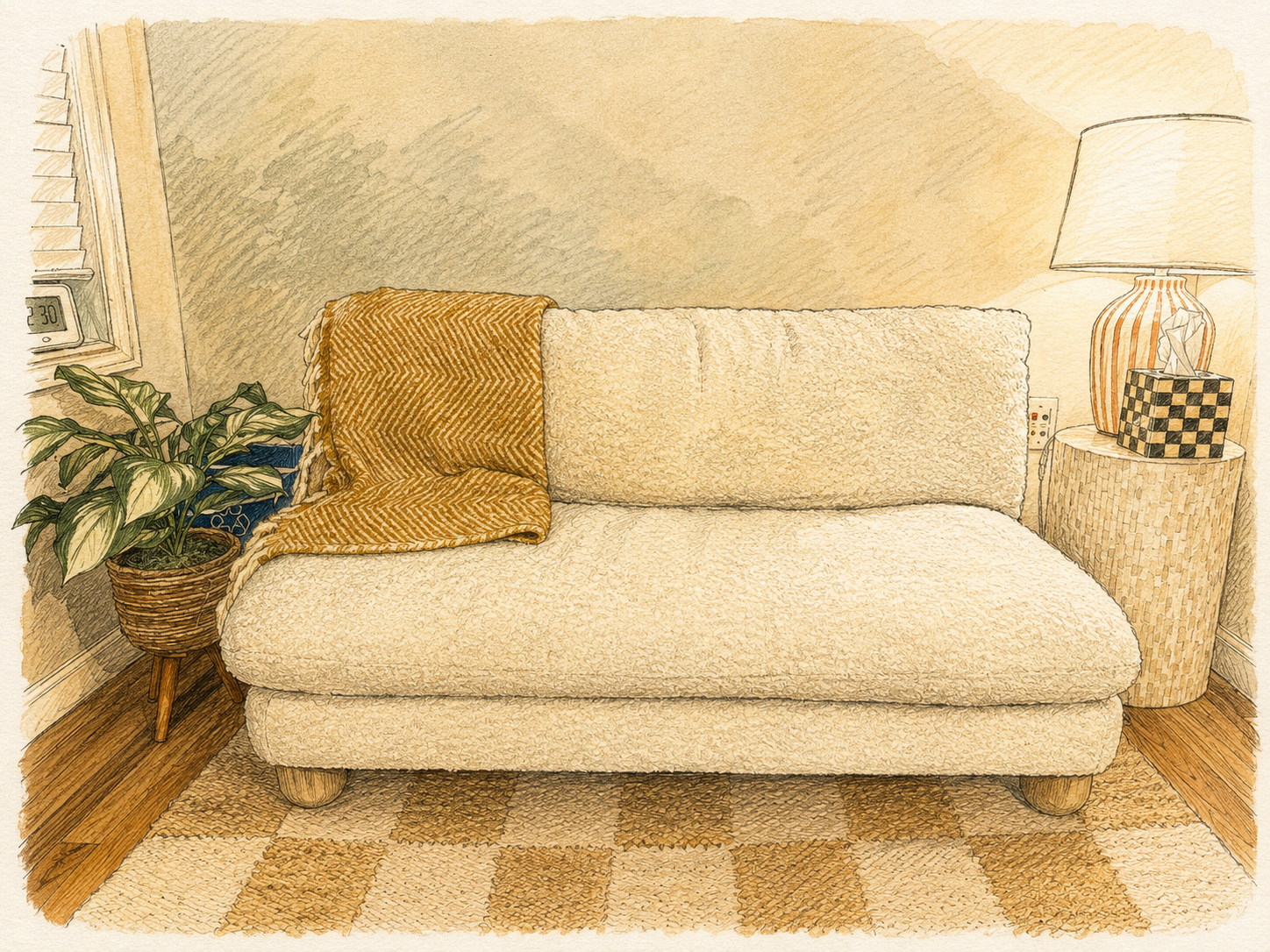 warm, cozy therapy couch with yellow blanket and lamp | in person therapy in Manhattan at gluck psychology collective
