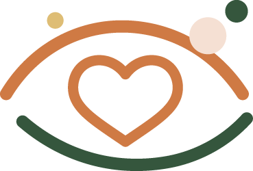 Stylized eye with a heart shape in the center, featuring curved lines and circles in earthy tones of brown, green, and cream.
