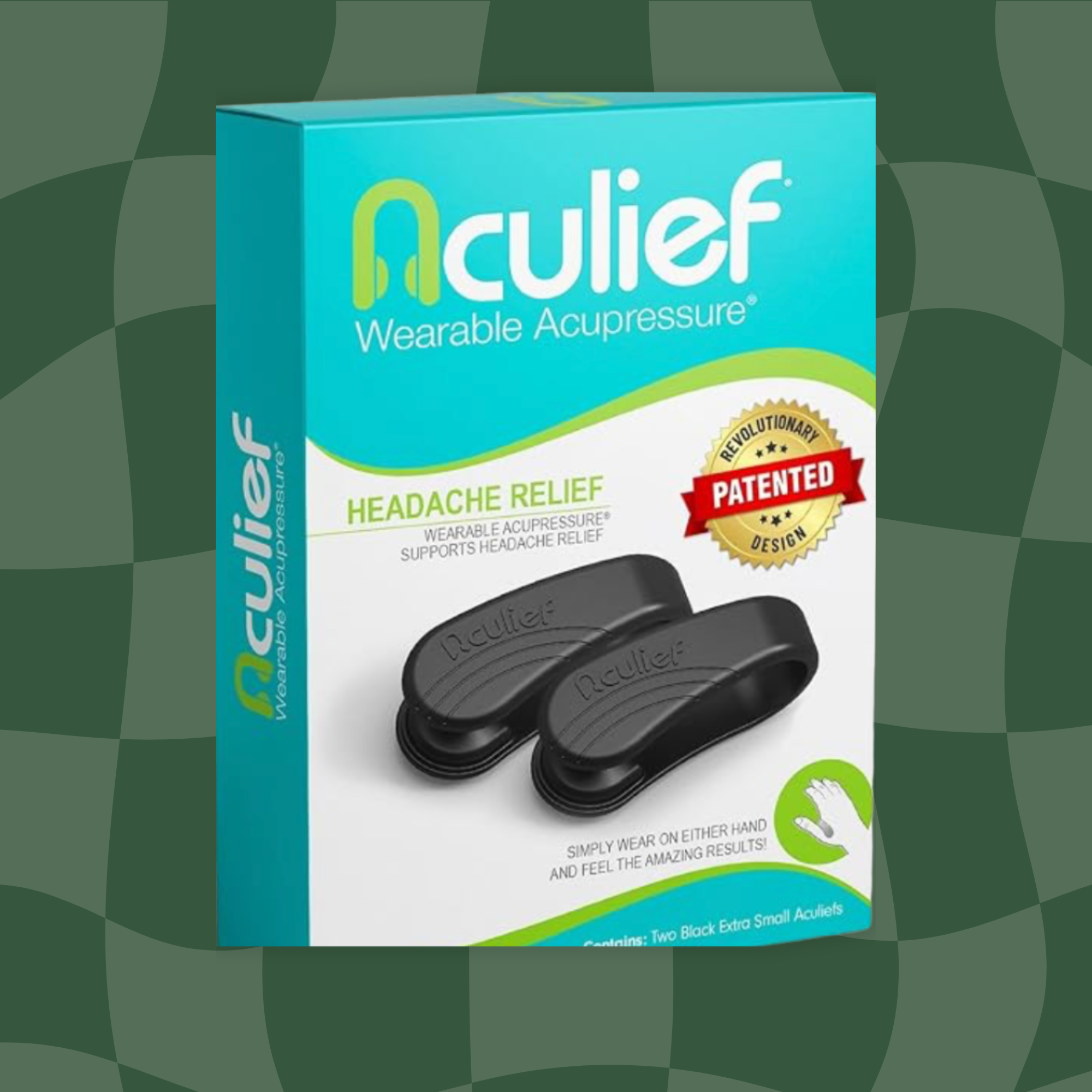 Box of NeuroFidget, a wearable acupressure device for headache relief, featuring black plus-shaped acupressure pads on a curved material.