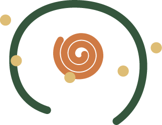 A depiction of a cellular or atomic structure with a central spiral, surrounded by orbiting particles and larger circular elements.