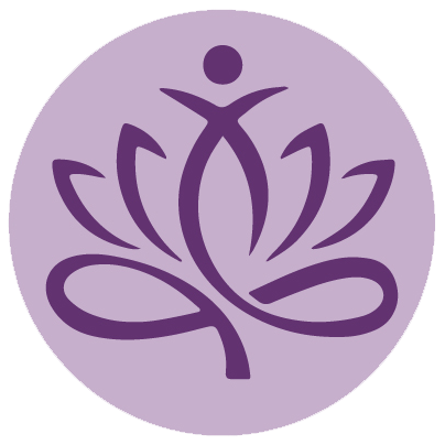 Purple lotus flower logo on a lavender circular background.