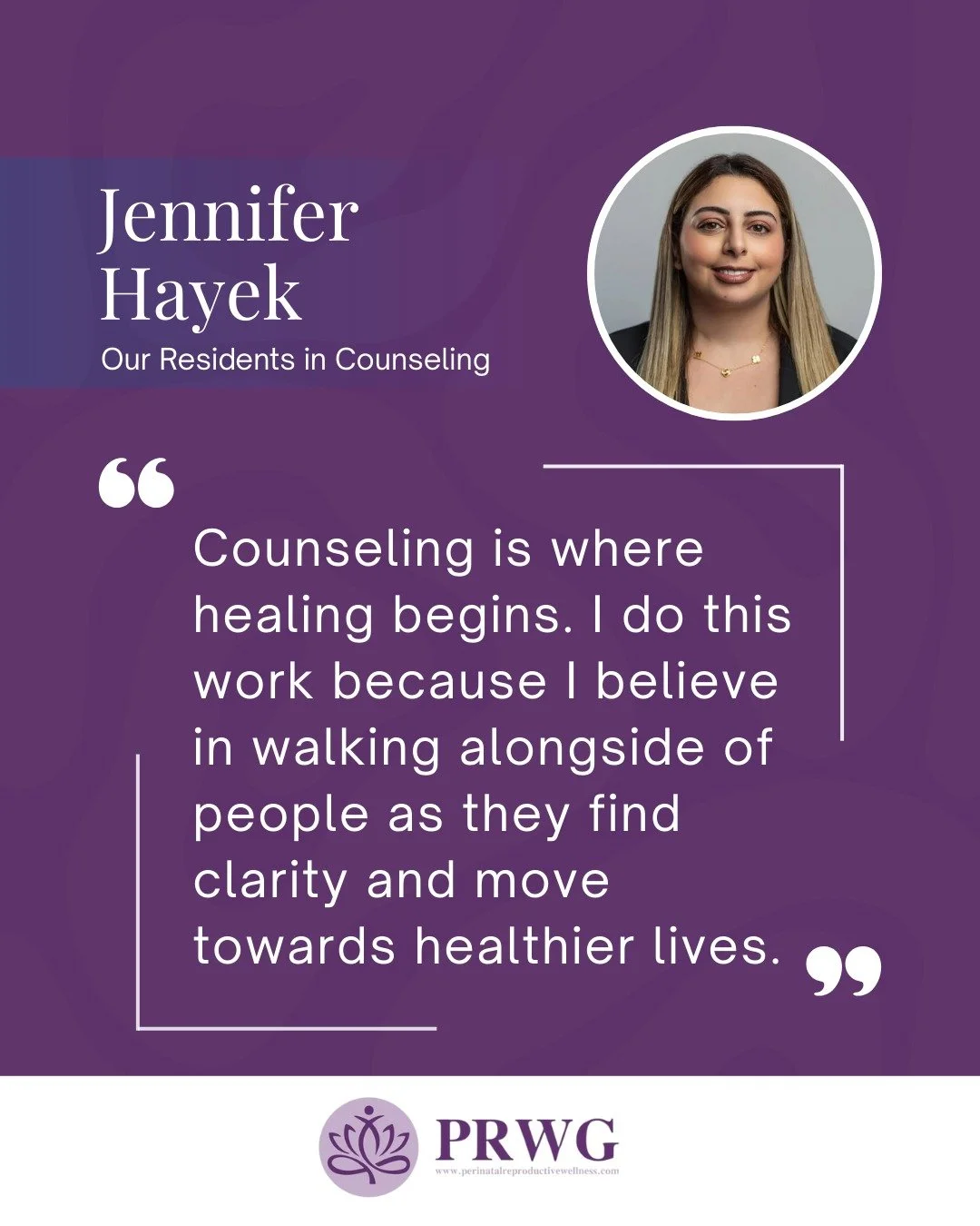 It's my great pleasure to introduce Jennifer Hayek, our Resident in Counseling. 

A Master's degree holder, she is pursuing her PhD in General Psychology and working towards licensure as a Licensed Professional Counselor (LPC) in the state of Virgini
