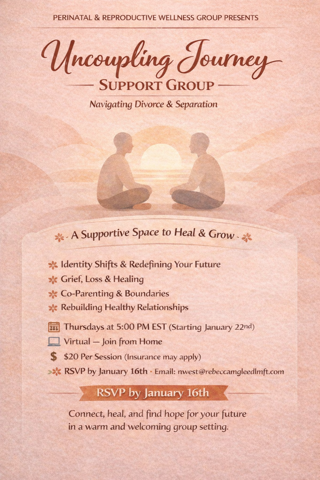 Flyer for an online support group called 'Uncoupling Journey,' focused on navigating divorce and separation, with a sunset illustration and a list of topics like identity shifts, grief, co-parenting, and relationships.