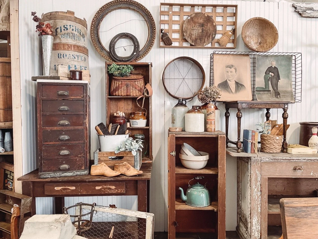 Vintage desk, shelves, cabinets and picture frames.