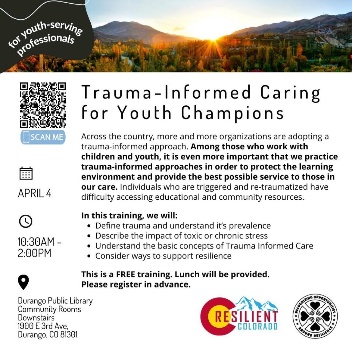 There is still time to register and join us for this FREE ROAR Coalition event for coalition members, community members, and other youth-serving professionals.

You can register at the link in our bio @resilientcolorado 

Trauma-informed schools and 
