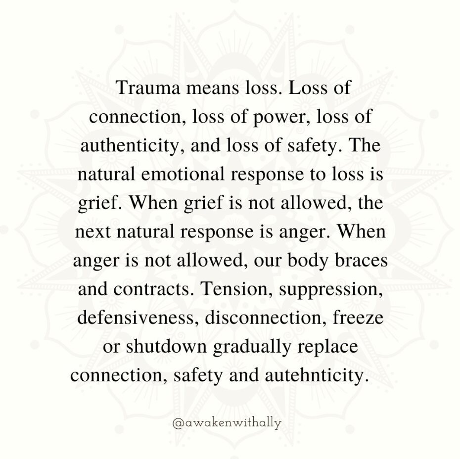 from @awakenwithally 

Loss is a hallmark of traumatization. Gradually, when trauma is not resolved, or when trauma becomes the ocean in which we swim (live), survival defenses and responses take over safety, connection, power, innocence, agency or a