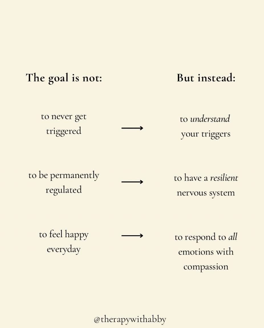 from @therapywithabby
There&rsquo;s a myth that having a &ldquo;regulated&rdquo; nervous system means being calm, happy, and unbothered all the time.

But real nervous system health isn&rsquo;t about floating through life on a cloud of zen &mdash; it