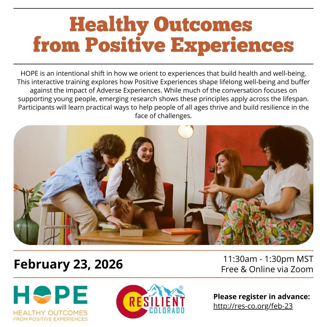 We&rsquo;re excited to announce that Missy will be facilitating a new training for Resilient Colorado on HOPE (Healthy Outcomes from Positive Experiences). Join us on February 23rd &mdash; register at the link in our bio.

HOPE is an intentional shif