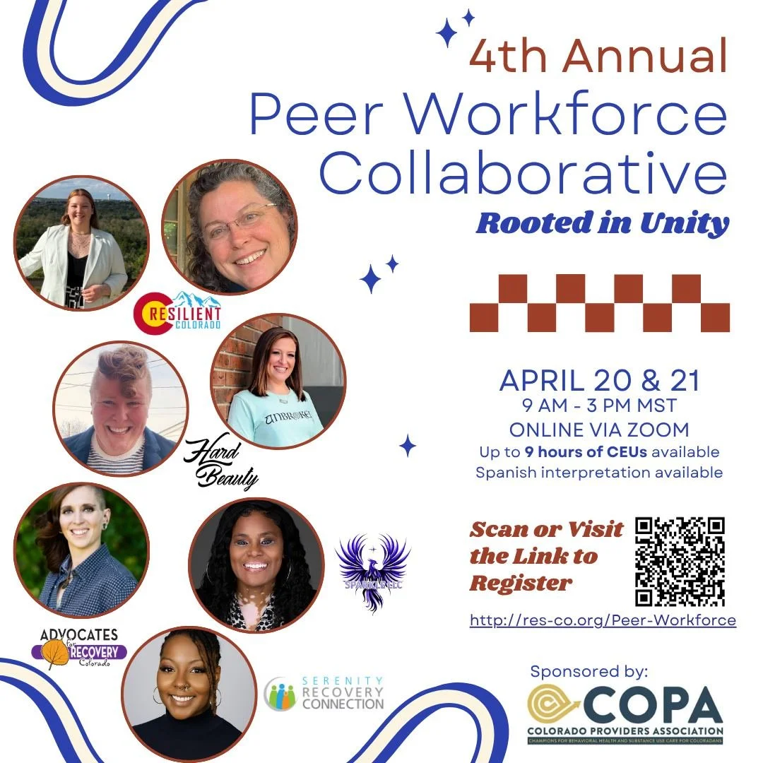 We are just a few days away from the 4th Annual Peer Workforce Collaborative! Join us on April 20th and 21st 

Registration required: http://res-co.org/Peer-Workforce

Whether you are newer to peer support or a seasoned leader, this event is designed