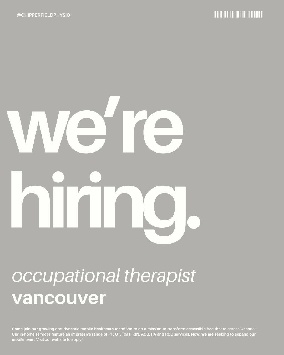 Come join our growing and dynamic mobile healthcare team! 💥

We&rsquo;re on a mission to transform accessible healthcare across BC. Our in-home services feature an impressive range of PT, OT, RMT, KIN, ACU, RA and RCC services.

Now, we are seeking 