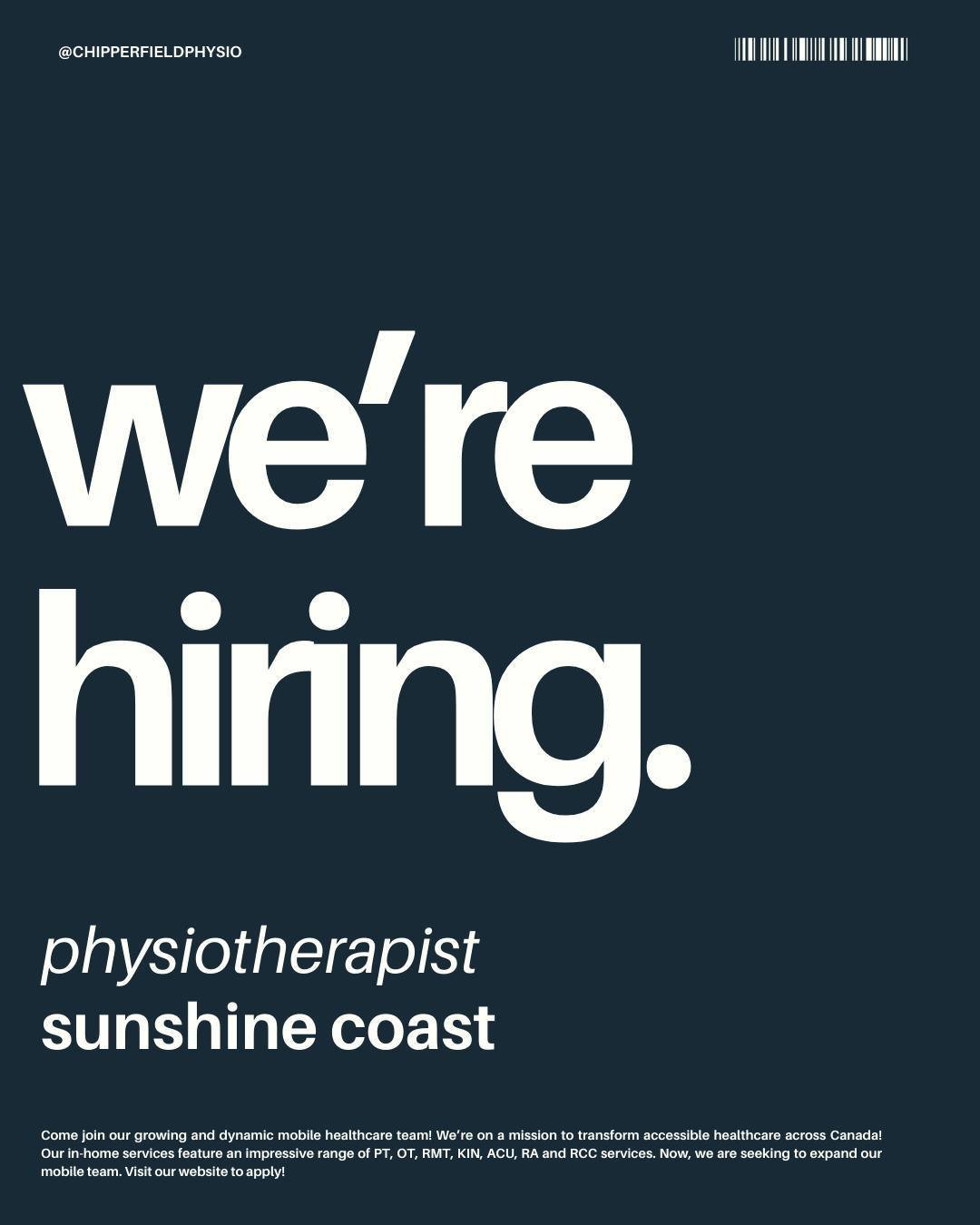 Are you a physiotherapist on the Sunshine Coast? OR do you know a physiotherapist on the Sunshine Coast?! 👀

Send them this post! 📤

And if you're interested, you can send your resume to hireme@chipperfieldphysio.ca 🤘