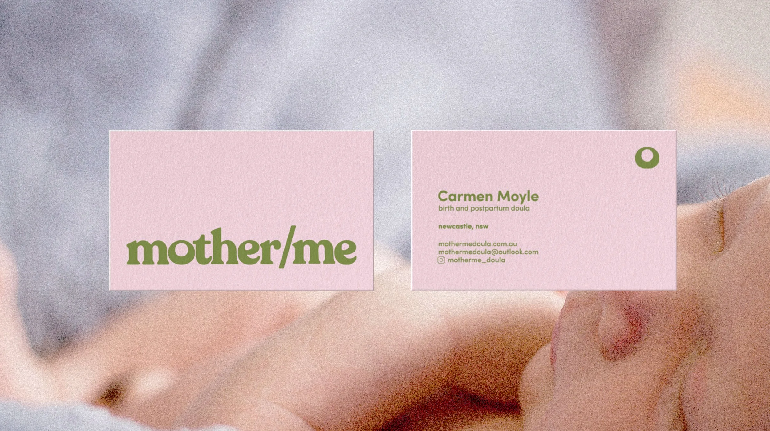 A mockup of the front and reverse of a business card for a doula. Olive green logo and text on a soft pink cardstock.