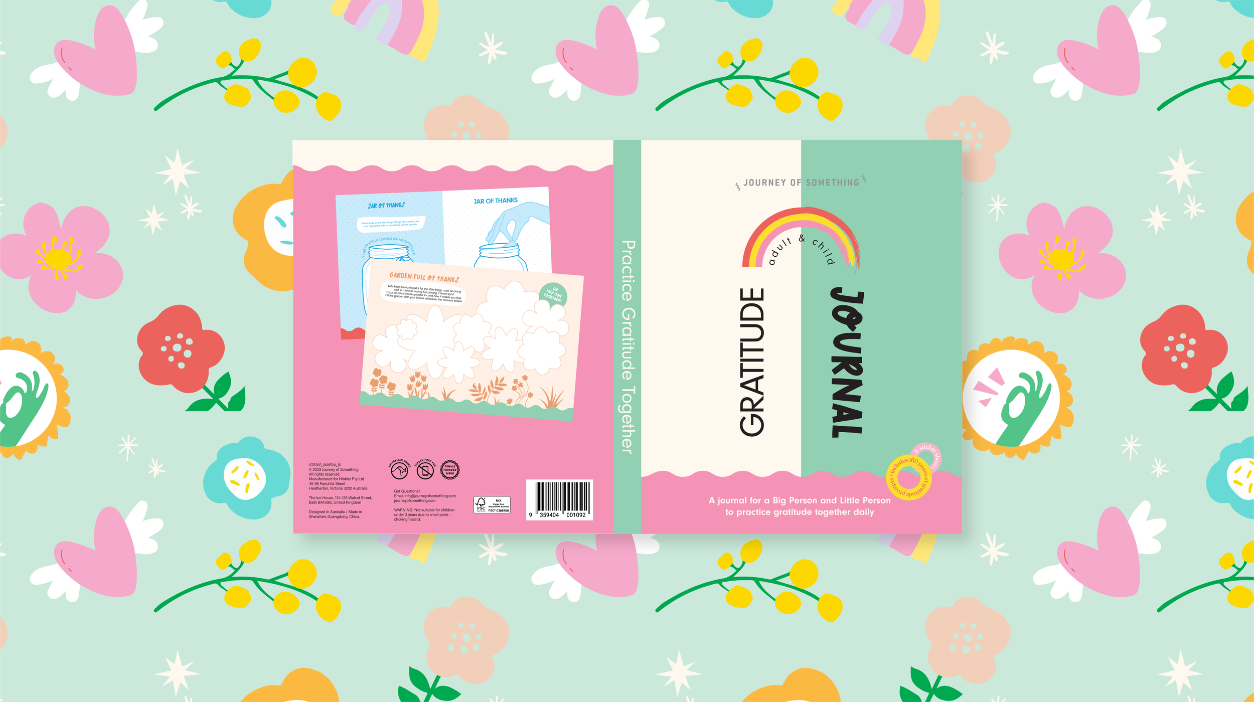 A flat book cover on a playful patterned background. A gratitude journal for children and adults to complete together.