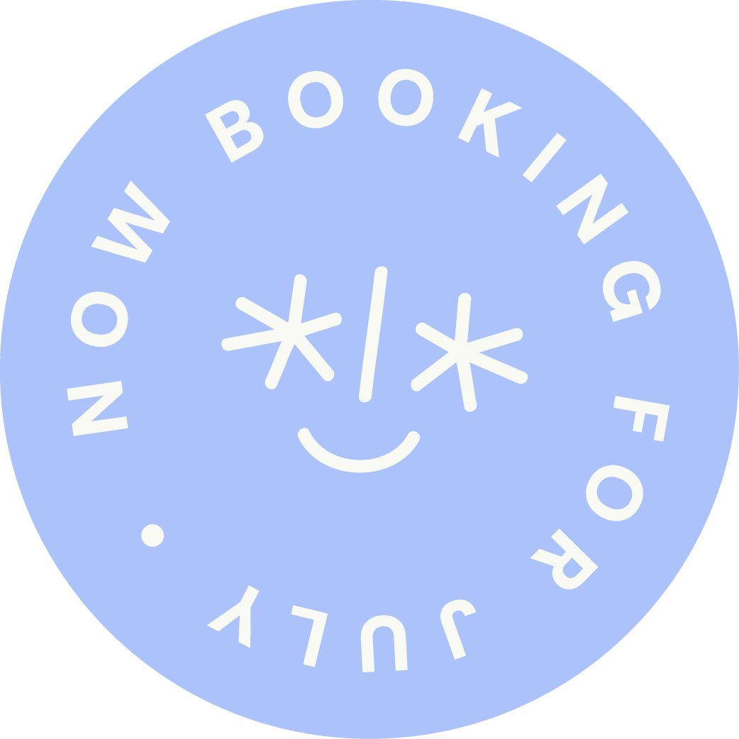A circle with text that reads "now booking for July"