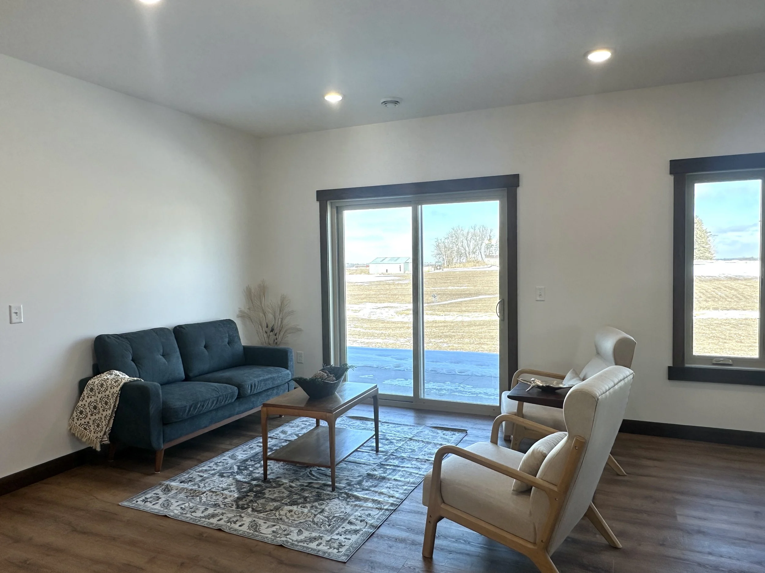 A living room with a blue sofa, two white armchairs, a wooden coffee table, a patterned rug, and large sliding glass doors leading outside, with a view of fields and trees.