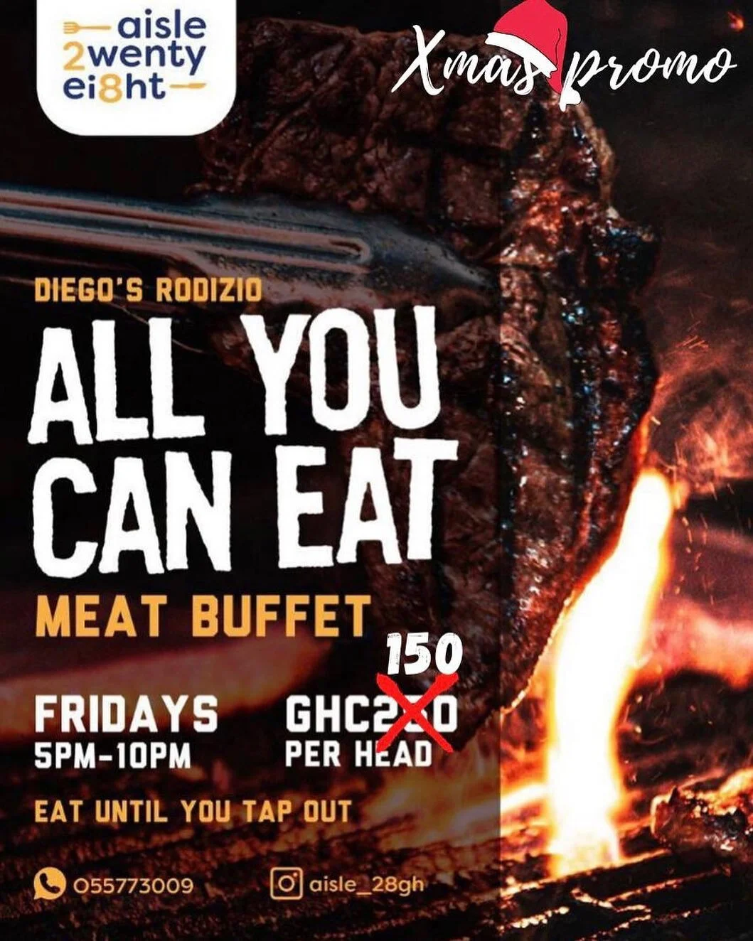 Great news guys!!

'Tis the season to be jolly and I have more awesome news for you!

@aisle_28gh is running its Rodizio themed buffet this and every Friday for only &cent;150 this season! 
Tasty food + Good vibes, you definitely need to pass through