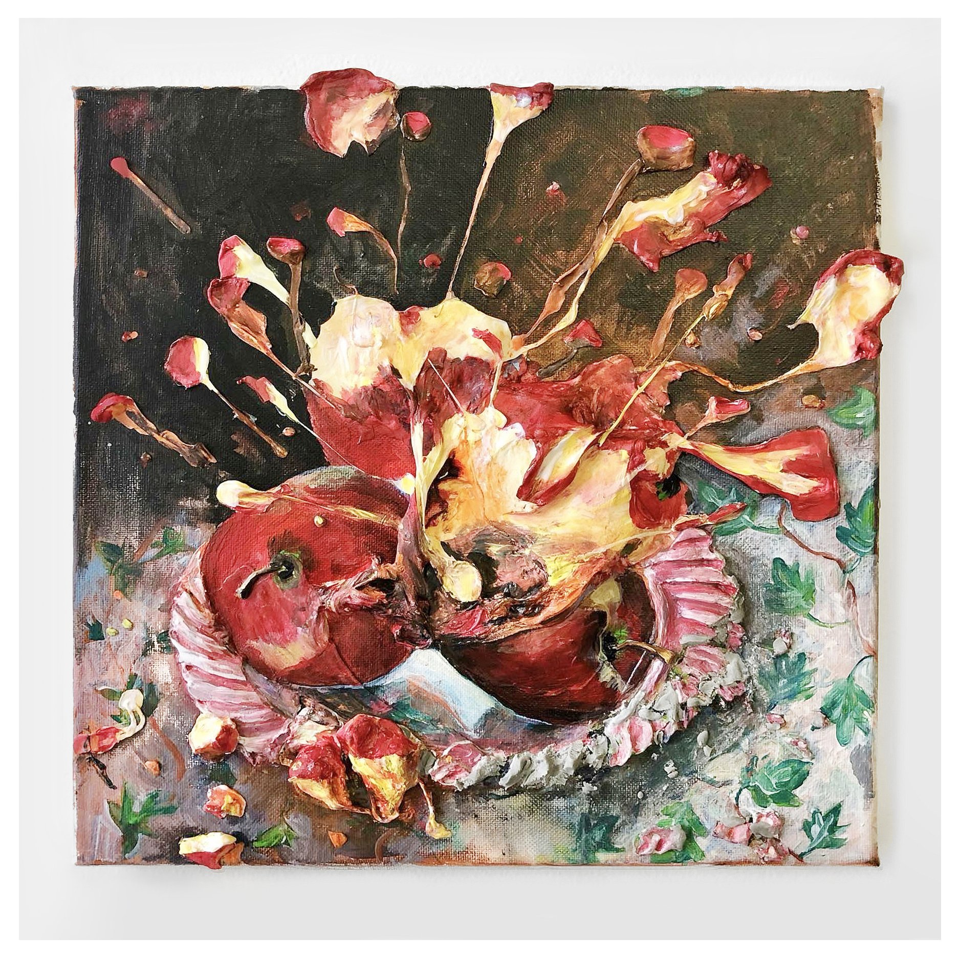 Valerie Hegarty, Exploding Apples, 2023, 12 x 12 in, foam clay, epoxy clay, acrylics, glue on canvas