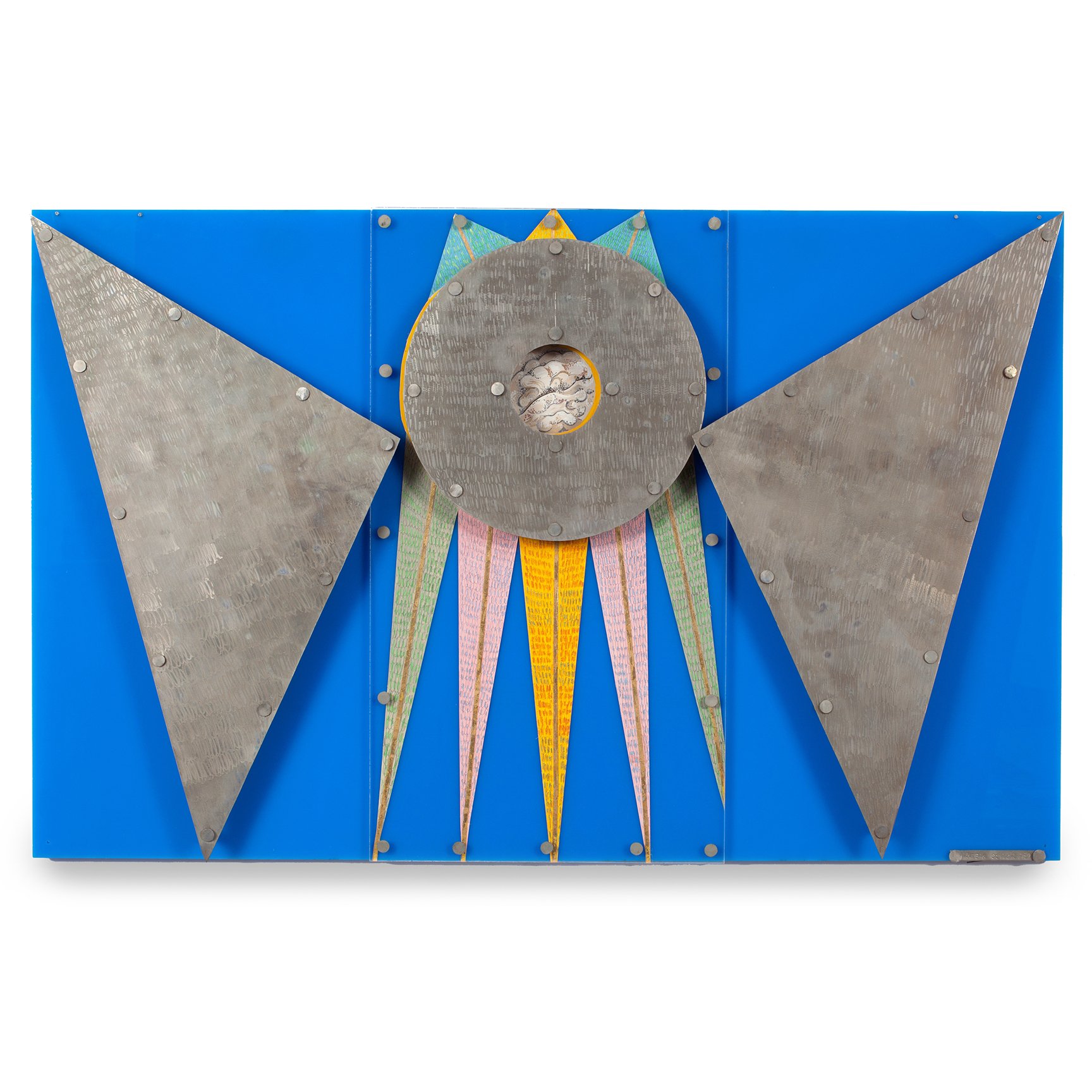   Untitled (Emblem and Creation),  1982, gouache on paper, white metal, blue Plexiglas, 24 x 36 in 