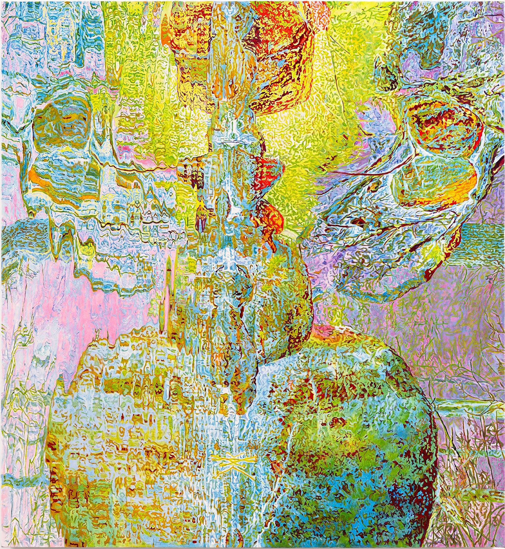   BoulderStoneRoot5777 PinkAquaShimmer , 2025, oil on canvas, 54 x 50 inches 