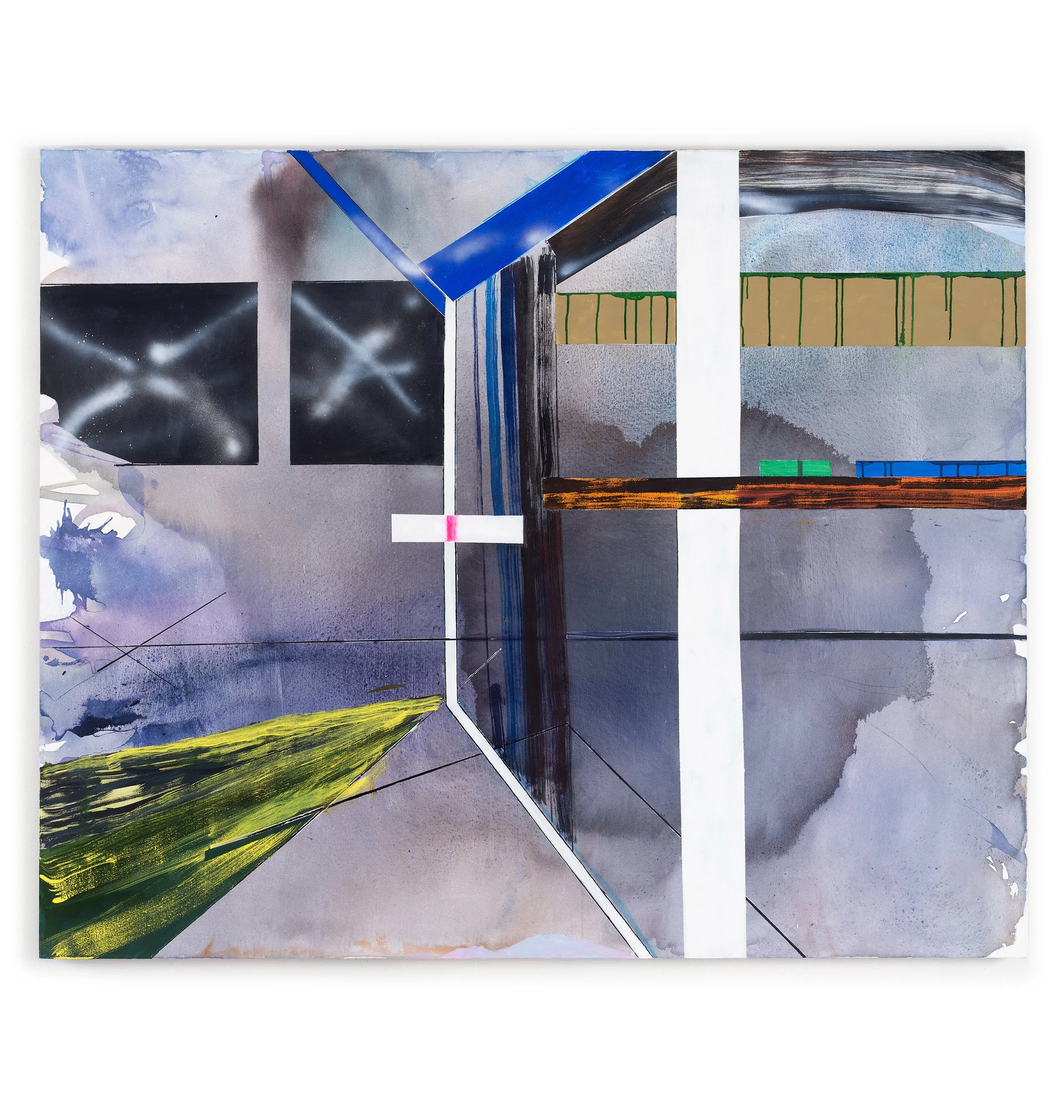   Japanese House ,  2025, acrylic, ink, spray paint, flashe and oil on canvas, 58 x 71 in 