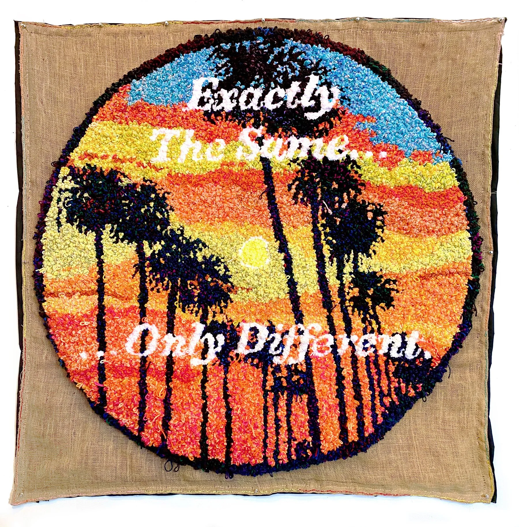   Carbon Copy,  2025, yarn, burlap, ink, acrylic paint, muslin, 58 x 58 inches 