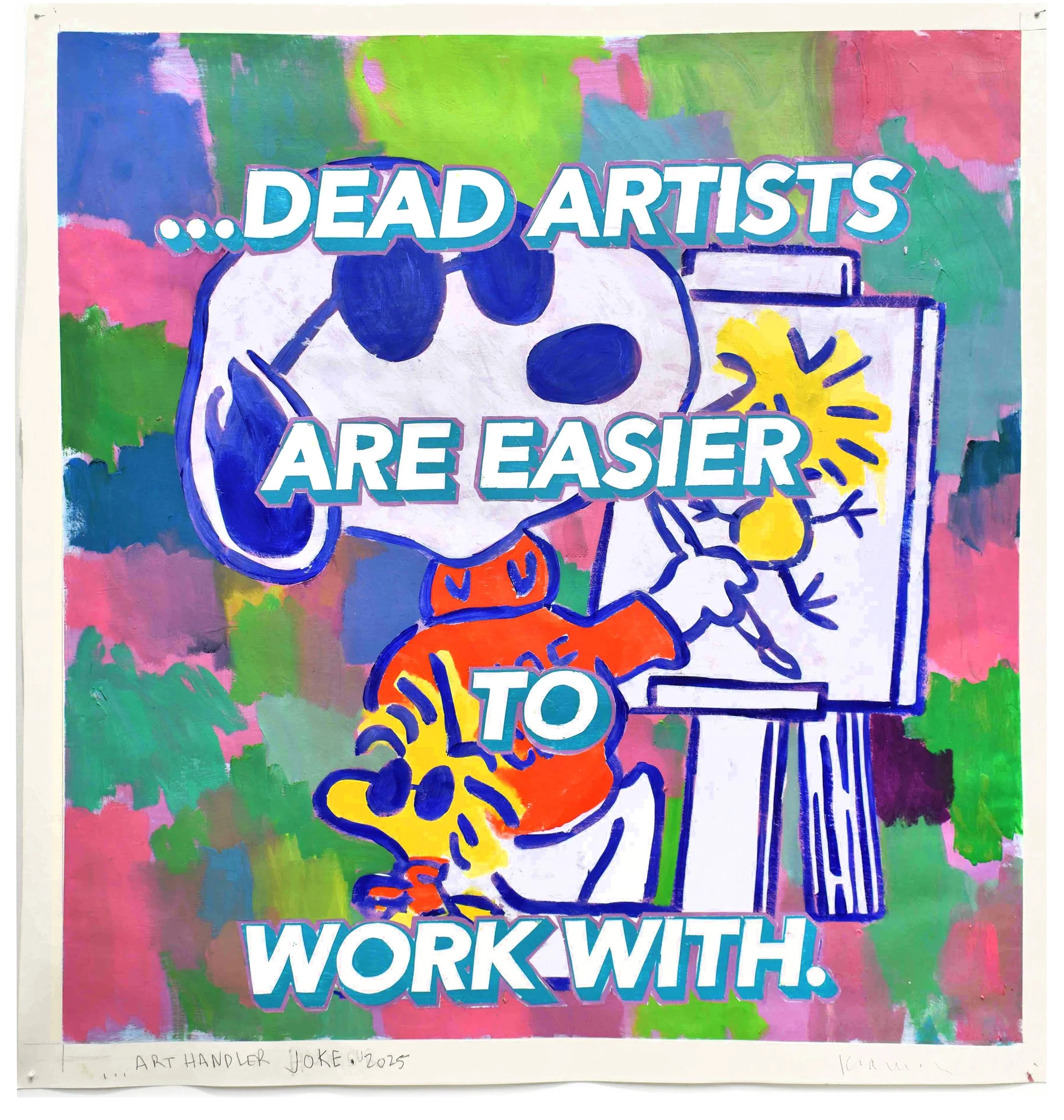  Art Handler Joke, 2025, oil, enamel and acrylic on primed paper, 36 x 33 inches 